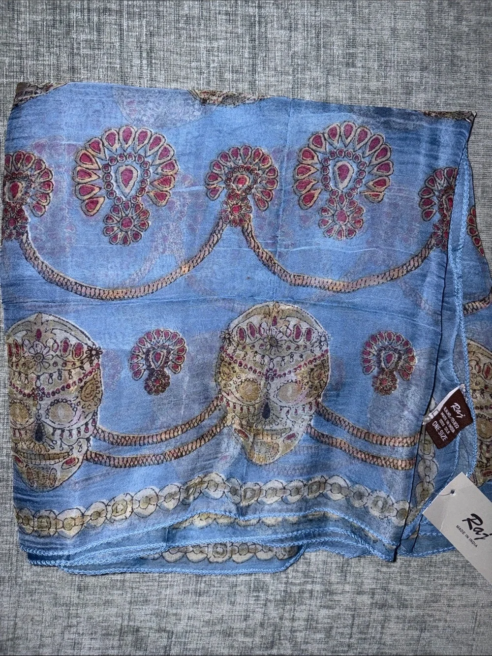 Raj Blue Silk Scarf with Gold and Pink Paisley Motifs